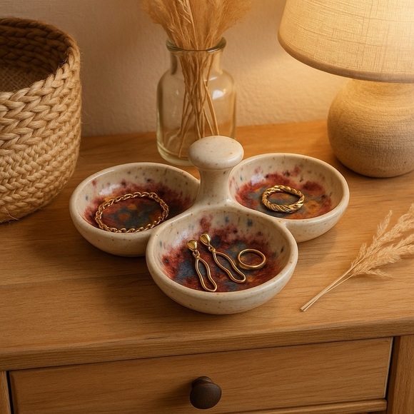 Handmade Studio Pottery Triple Bowl Dish – Abstract Glaze, Unique Serveware - Picture 3 of 12